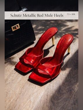 Schutz Shimmer Red Square Toe Mule Heels Size 7.5B Metallic Slide Sandals
